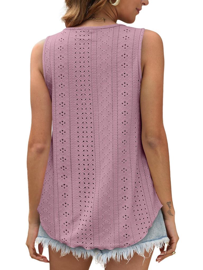 European & American Women's Summer Crew Neck Eyelet Sleeveless Tank Top T-Shirt
