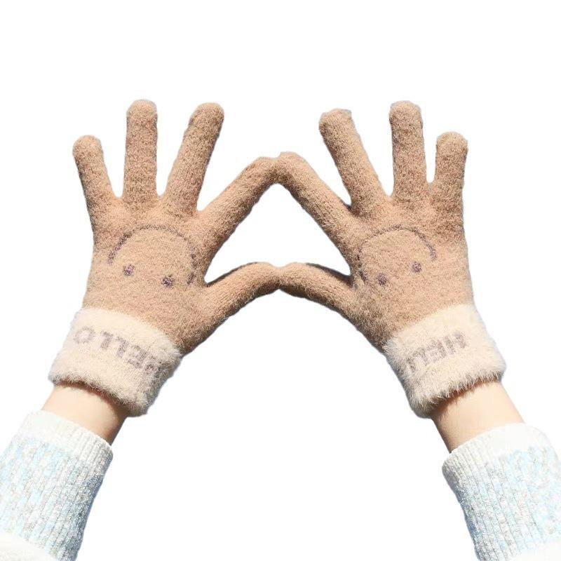 Plush Smiling Face Gloves for Women In Winter Warm and Plush Cute Five Fingered Students Riding Bicycles To Protect Against Cold Wind
