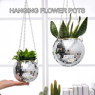 1 PZ Palla da Discoteca Vaso da Fiori Rotondo Creativo Cesto Appeso Plastica Vetro Specchio Vaso per Piante Piantagione Piante Grasse Argentato