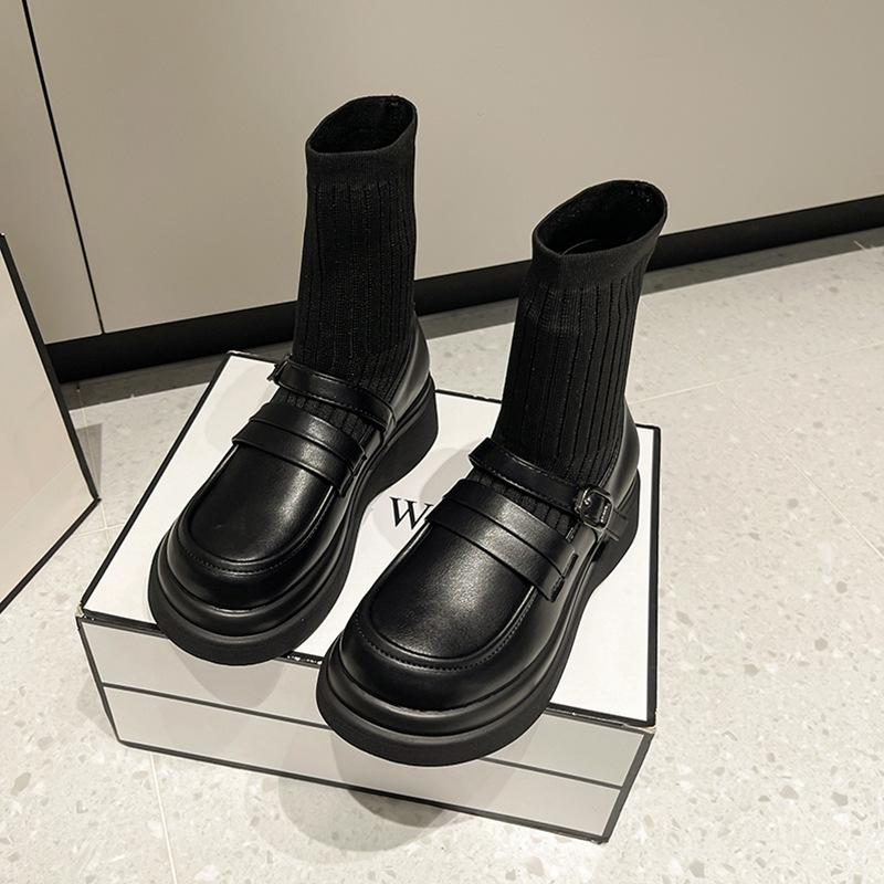 

British style platform socks Martin boots women s knitted stretch socks boots ins tide fried street thin boots autumn short boots 40 чёрный