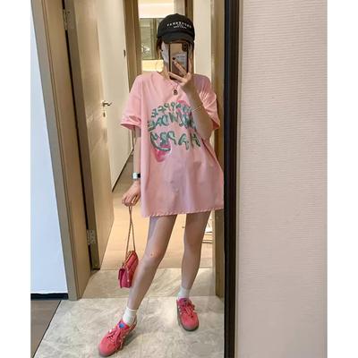 Pure Cotton Unique Chic Beautiful Top Super Good-looking Pink Letter Printing Short-sleeved T-shirt Women's 2025 New