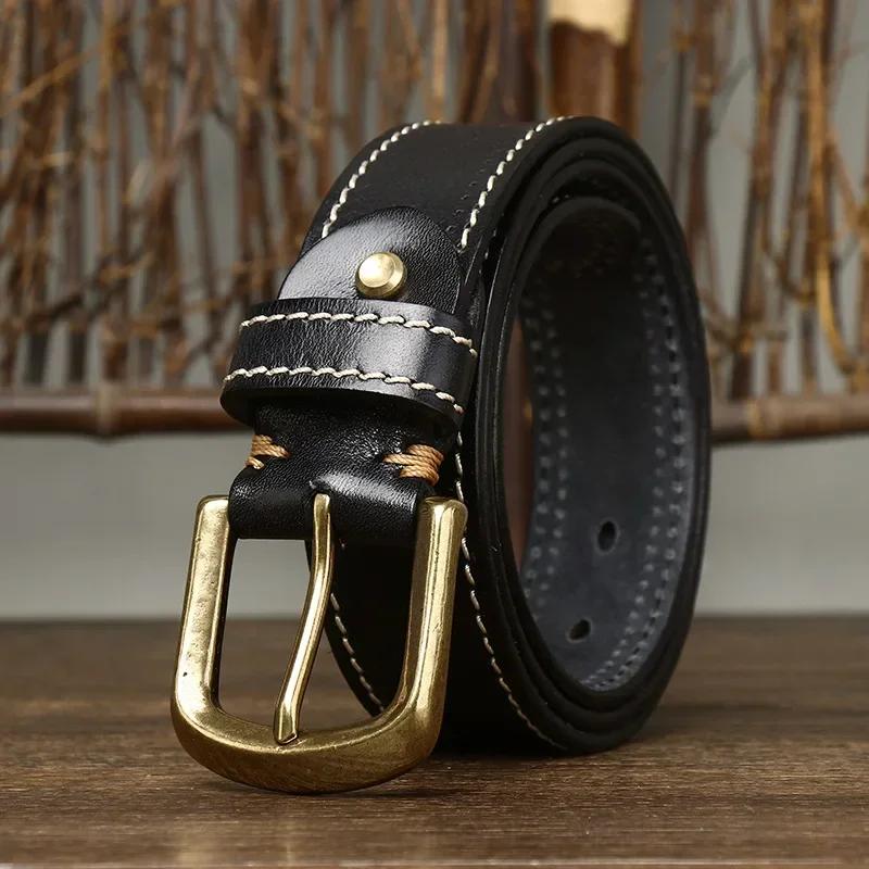 3.8CM Pure Cowhide High Quality Genuine Leather Belts for Men Korean Version Strap Male Brass Buckle Fancy Vintage Jeans Cowboy