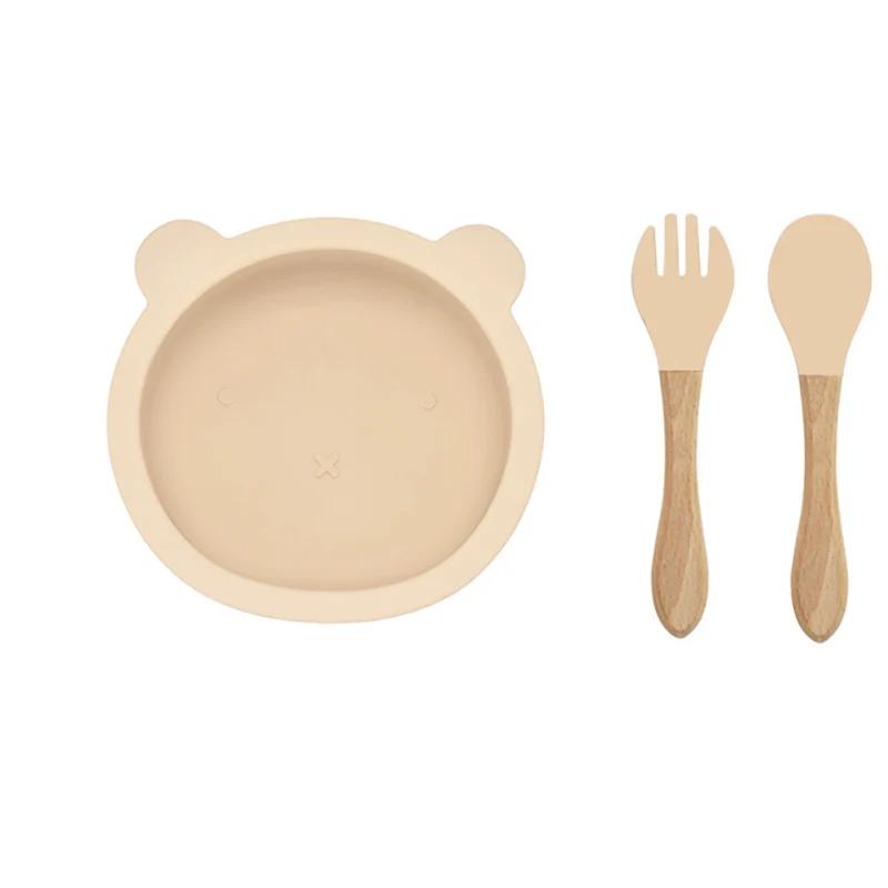 3Pcs/Set Baby Silicone Ventosa Tigela Colher Garfo Conjunto BPA Livre Cabo De Madeira Garfo Colher Alimentação Infantil Antiderrapante Conjunto De Talheres