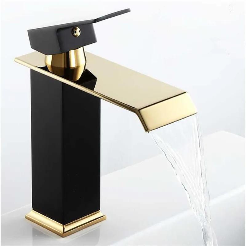Basin Faucet Gold and Black Waterfall Faucet Brass Bathroom Faucet Bathroom Basin Faucet Mixer Tap Hot and Cold Sink Faucet