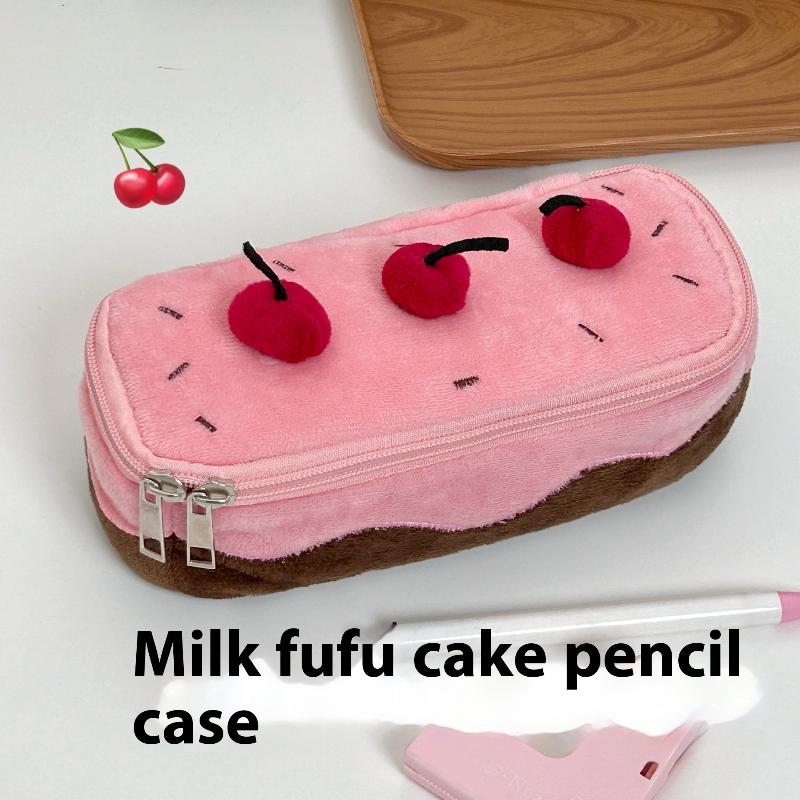 Pluszowy piórnik o dużej pojemności Kawaii wzór ciasta wiśniowego Puszysty uroczy przybory szkolne Organizer na artykuły piśmienne Saszetka Uchwyt Dla dziewczynki