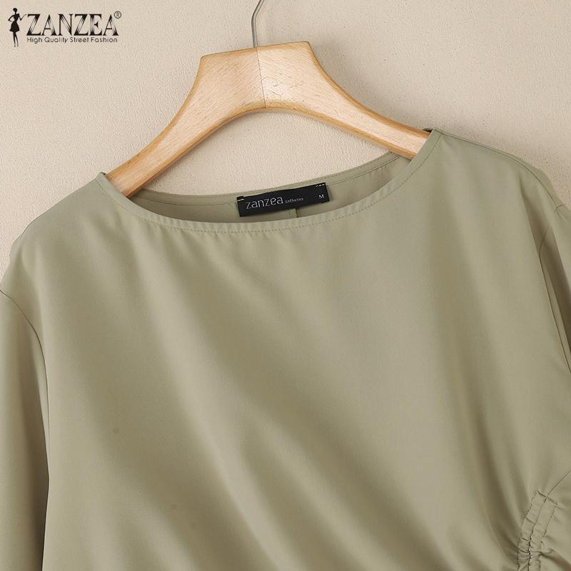 ZANZEA Damen Lässiges Rundhals 3/4-Ärmel Lockere Bluse mit Kordelzug