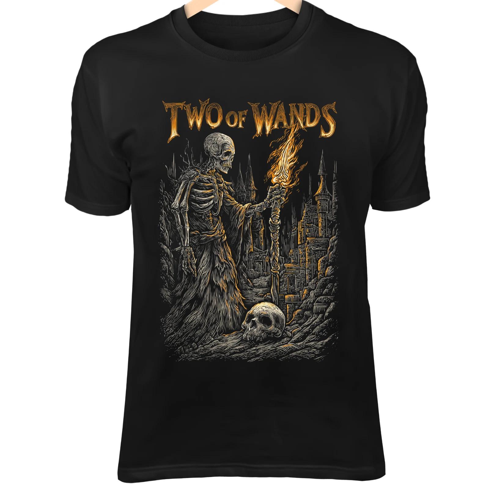 Skull Tarot TWO OF WANDS Shirt - Skeleton Holding Blazing Wand Gothic Art Tee 3XL