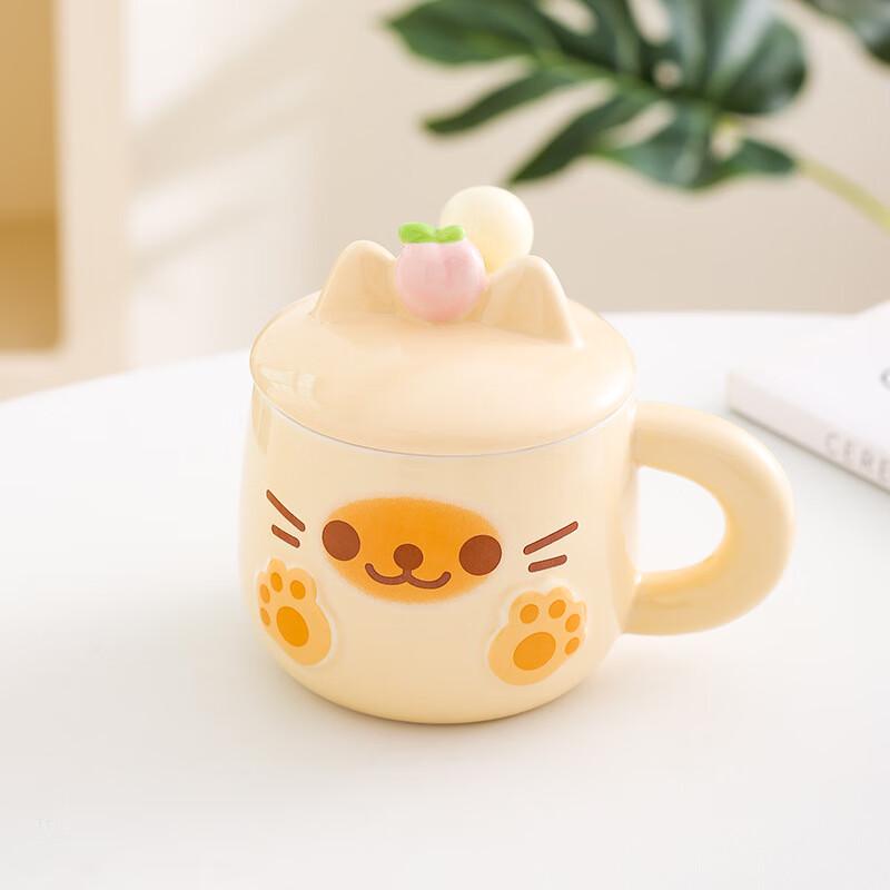 Cute Cat Ceramic Mug with Lid and Spoon