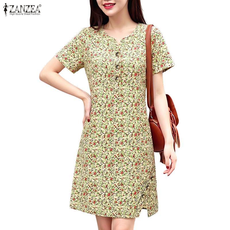 ZANZEA Lässiges Kleid mit Rundhalsausschnitt und Blumendruck für Damen, kurzärmelig