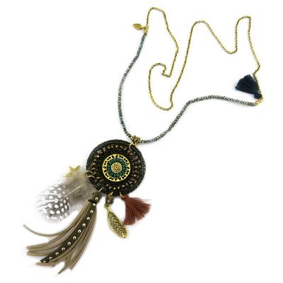 [P7268] - Designer Long Necklace 'Altai' Green Brown - 84 Cm - Pattern 14 Cm
