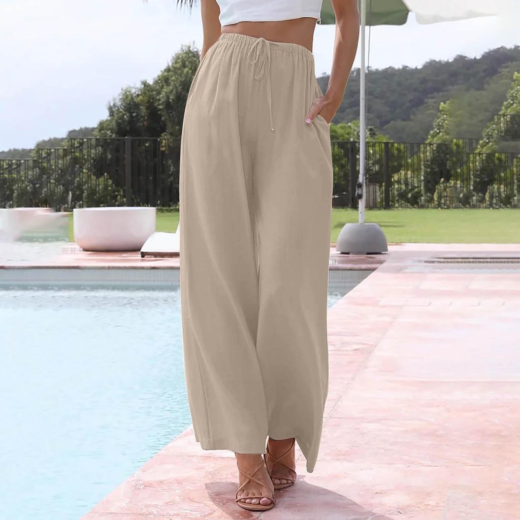 Women's Cotton Linen Summer Wide Leg Pants Flowy Wide Leg Color Beach Pants With Pockets