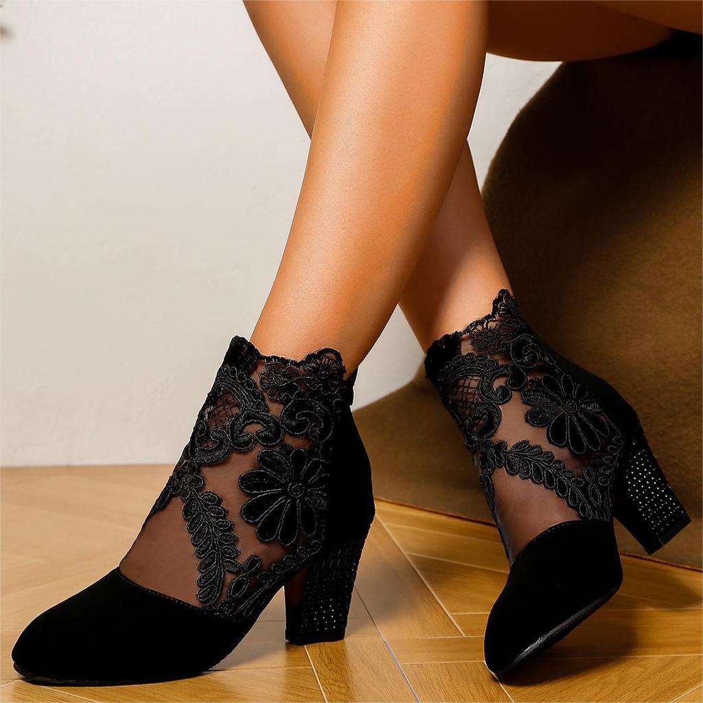 Fashion Women's Lace Heeled Boots Shoes Fashion Ladies Roman Sandals Breathable Sandals Elegant Ladies Pumps Summer New Mesh Sandalias