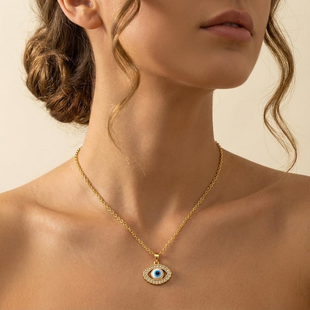 Turkish Blue Evil Eye Pendant Necklace For Women Men Zircon Resin Demon Eyes Stainless Steel Chain Choker Lucky Amulet Zircon