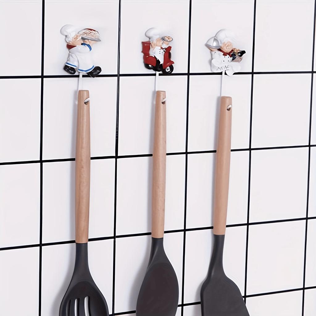 4pcs Resin Chef-shaped Adhesive Hooks, Cute Kitchen Decor for Home, Garage Storage.