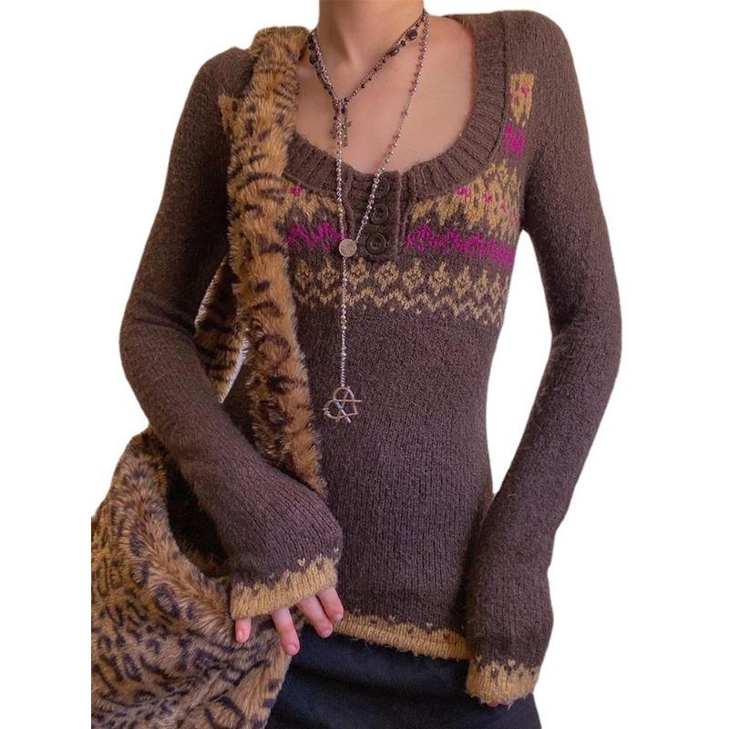 Women's Autumn and Winter Slim Bottoming Colour Blocking Round Neck Long Sleeve Knitting Temperament Sweater