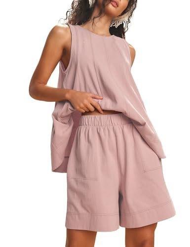 Women's two-piece shorts set Summer round neck sleeveless vest drawstring elastic waist shorts with pockets