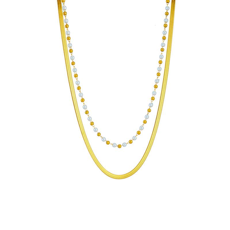 Gold Double Layer Snake Chain Pearl Bead Choker – Minimalist Elegant Jewelry, Timeless Charm Gift for Women