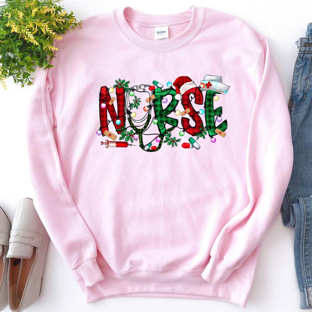 Hanorac unisex de Crăciun pentru asistență medicală Hanorac pentru școala de asistență medicală Pulover de Crăciun Asistentă Pulover de Crăciun Fericit Hanorac cu gâtul rotund Cadou de petrecere de Crăciun