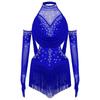 Jenter Latin Dansedrakt Rynket Mesh Design Utringning Dusker Glimrende Rhinestones Leotard med Matchende Hansker