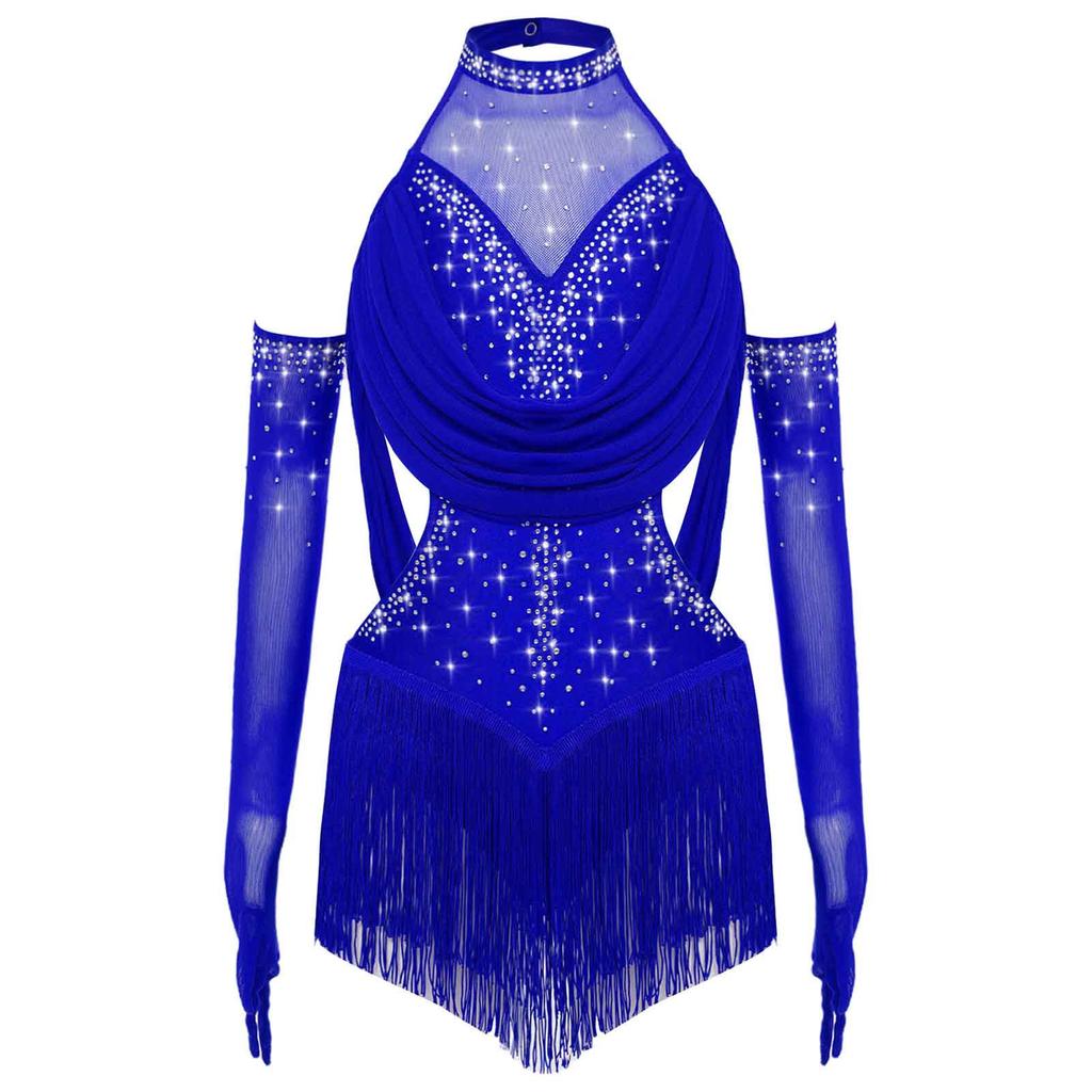 Jenter Latin Dansedrakt Rynket Mesh Design Utringning Dusker Glimrende Rhinestones Leotard med Matchende Hansker