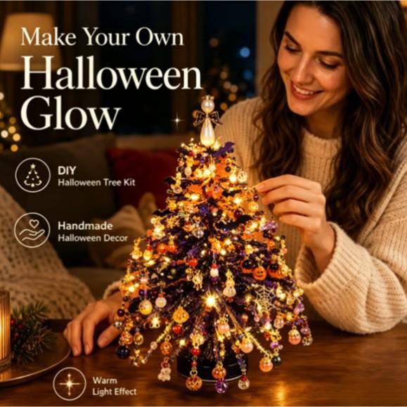 DIY Beaded Christmas Tree Kit LED Xmas Tree Desktop Ornaments Colorful Mini Crystal Bead Maple Tree Halloween Decor Holiday Gift