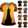 Women V Neck Short Sleeve Work Top with Dual Side Slits and Pockets Halloween Pumpkin Print Casual Blouse Shirt