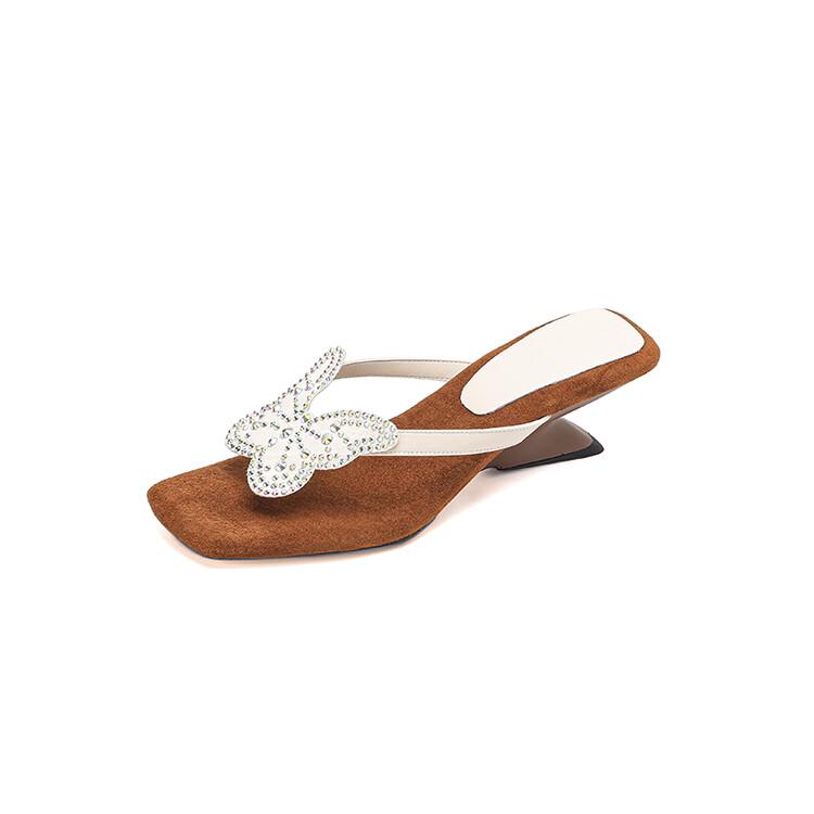 French stunning high-heeled sandals women's summer wear fashion bow rhinestone leather cool slippers toe flip-flops