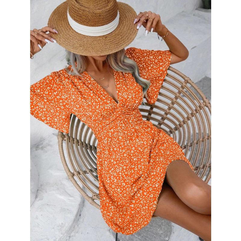 Women's Dress Summer V-Neck Mid Sleeve Printed High Waist Floral Pleated Dresses