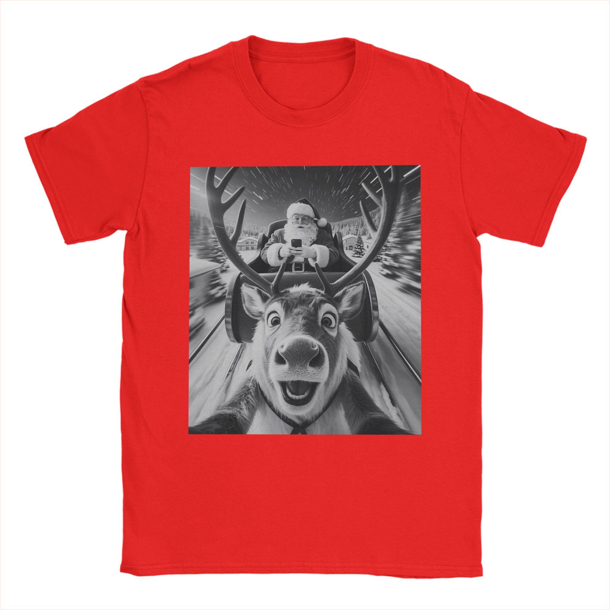Men Santa and Reindeer Selfie Funny Christmas T Shirts  Cotton Tees Beach Y2K Casual Short Sleeve T-Shirt O Neck Plus Size 5XL S