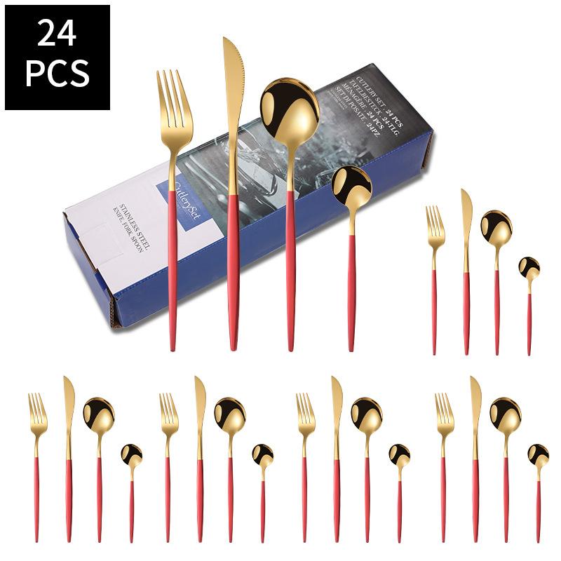 24pcs Gold Dinnerware Set Stainless Steel Steak Knife Fork Coffee Spoon Teaspoon Flatware Dishwasher Safe Kitchen Tablewar