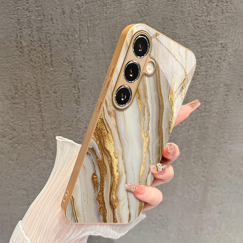 Gold Inlay Stone Pattern 2D Phone Case for Samsung S26 S25 S24 S23 S22 S21 S20 - Golden Metal Paint Glass Protective Cover