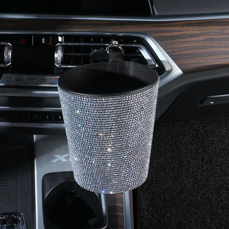 Rhinestone Car Trash Can Cute Garbage Cans Auto Air Vent Trash Bin Portable Waterproof Pink Bling Car Accessories for Women