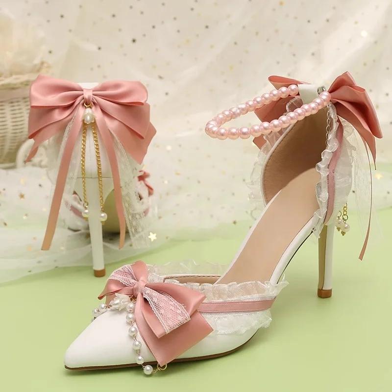 Moda Moda Lolita Pulsera de Perlas Encaje Lazo Rosa Sandalias de Tacón Alto Dulce Niña Banquete Boda Novia Dama de Honor Zapatos de Tacón Alto