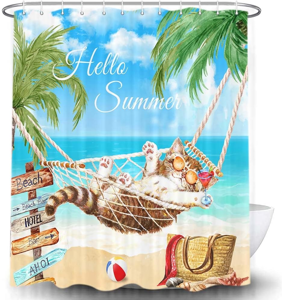Funny Cat Beach Shower Curtain, Summer Blue Ocean Palm Tree Leaf Nature Bath Curtains, Fun Cute Tropical Decor Waterproof Fabric