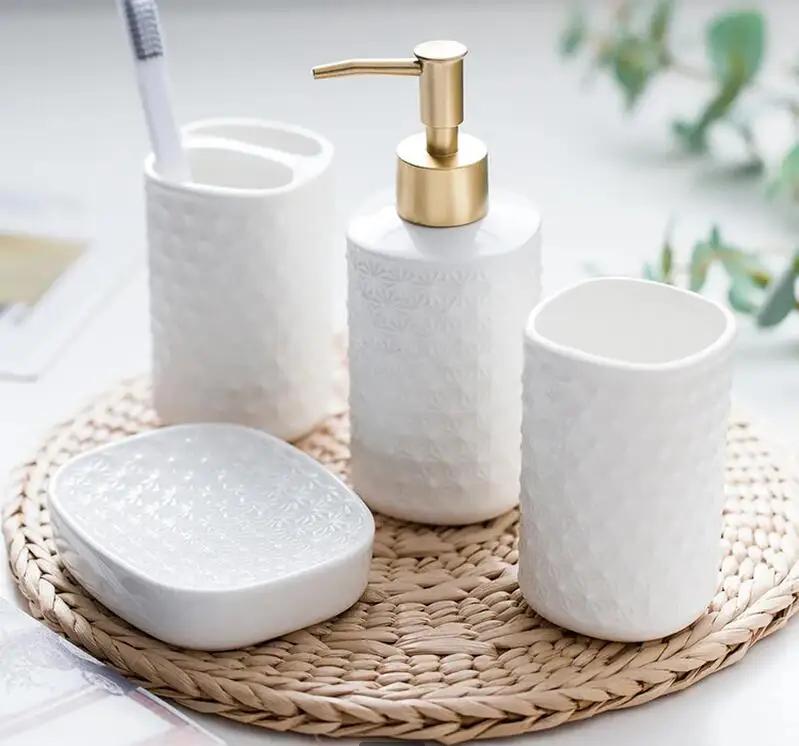 White Ceramic Bathroom Five Piece Set Wash Supplies Toiletries Mouth Cup Toothbrush Holder Lotion Bottle Soap Dish