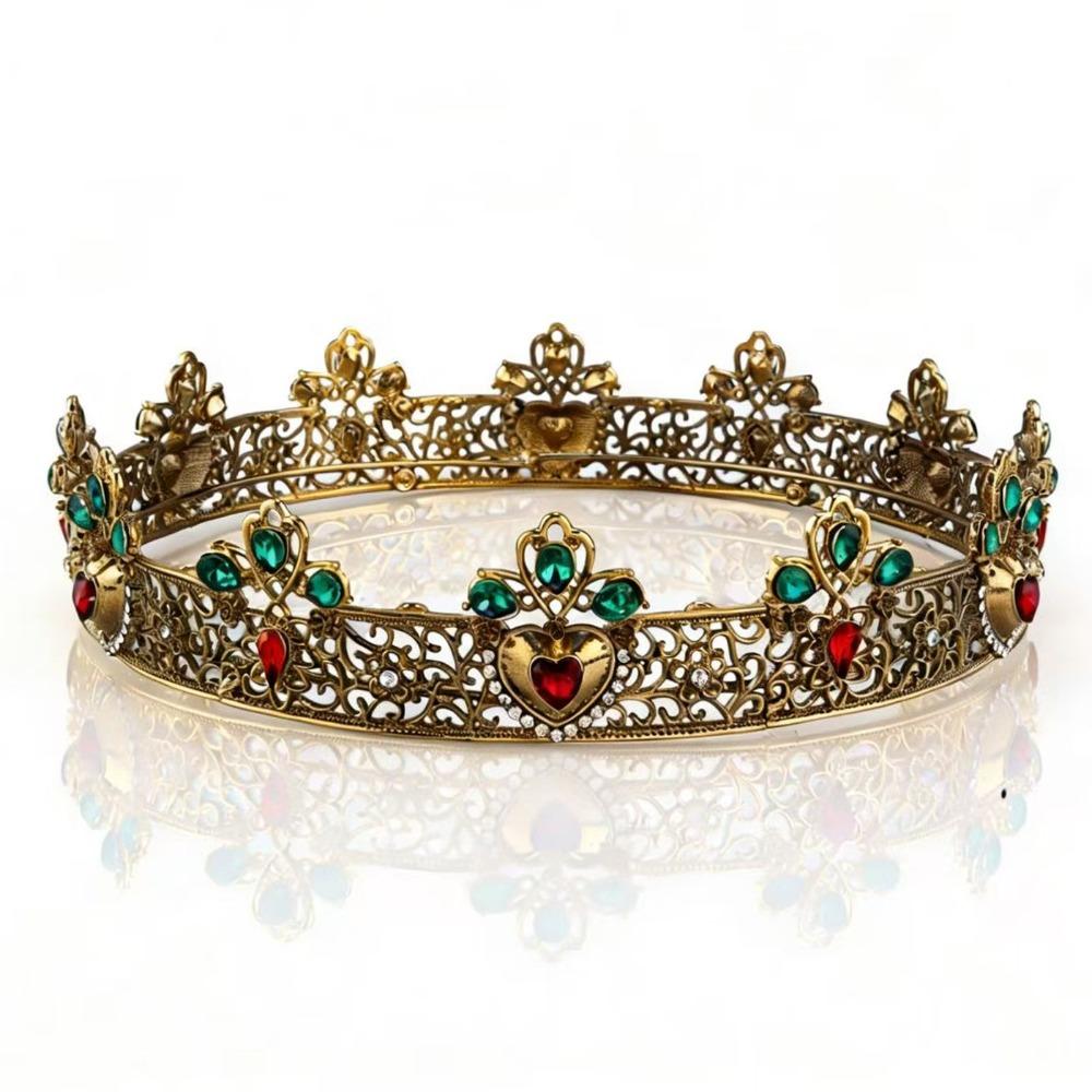 Metal Baroque Round Crown Shiny Red Bronze Trendy King Queen Tiara Women