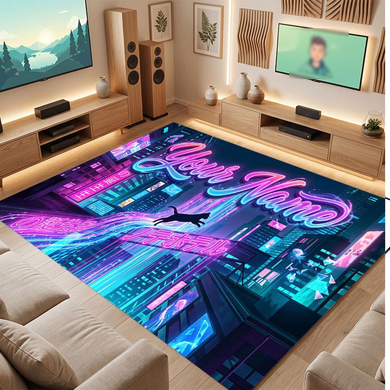 City Cyberpunk Theme Crystal Velvet Floor Rug Personalized Custom Name Text Warm Carpet Home Decoration