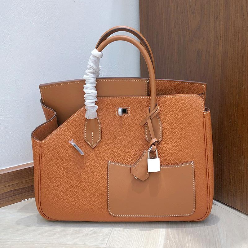 

Високоякісна сумка з коров ячої шкіри преміум-класу з клаптевим поєднанням контрастних кольорів, нерегулярною шкірою, жіноча сумка, сумка-тоут, великої місткості, кишенькова сумка 30x12x25cm коричневий/золотий