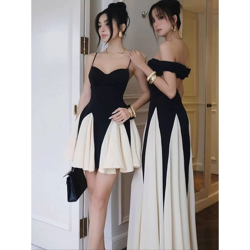 Paris Opera House French Style Golden Princess Style Black Apricot Color Matching Suspender Dress Pure Design Goddess Dress