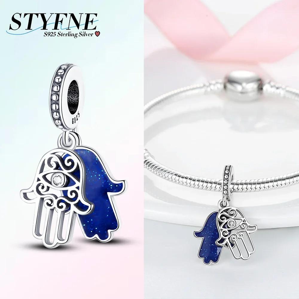 Original 925 Silver Blue Heart Demon Eye Pendant Fatima Hand Charm Bead Bracelet Women Jewelry Religion Gift