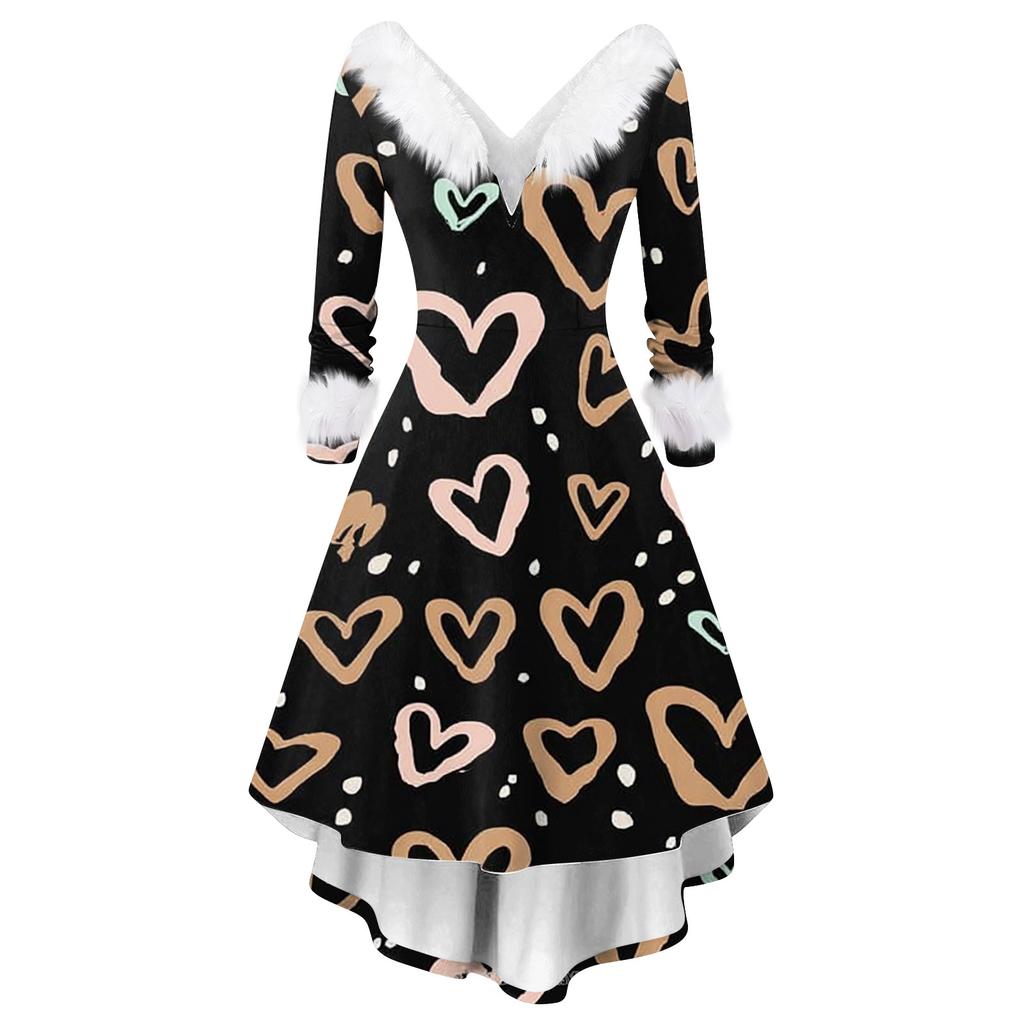 Damen stilvolles und elegantes langärmeliges V-Ausschnitt Kleid mit Valentinstags-Herzprint