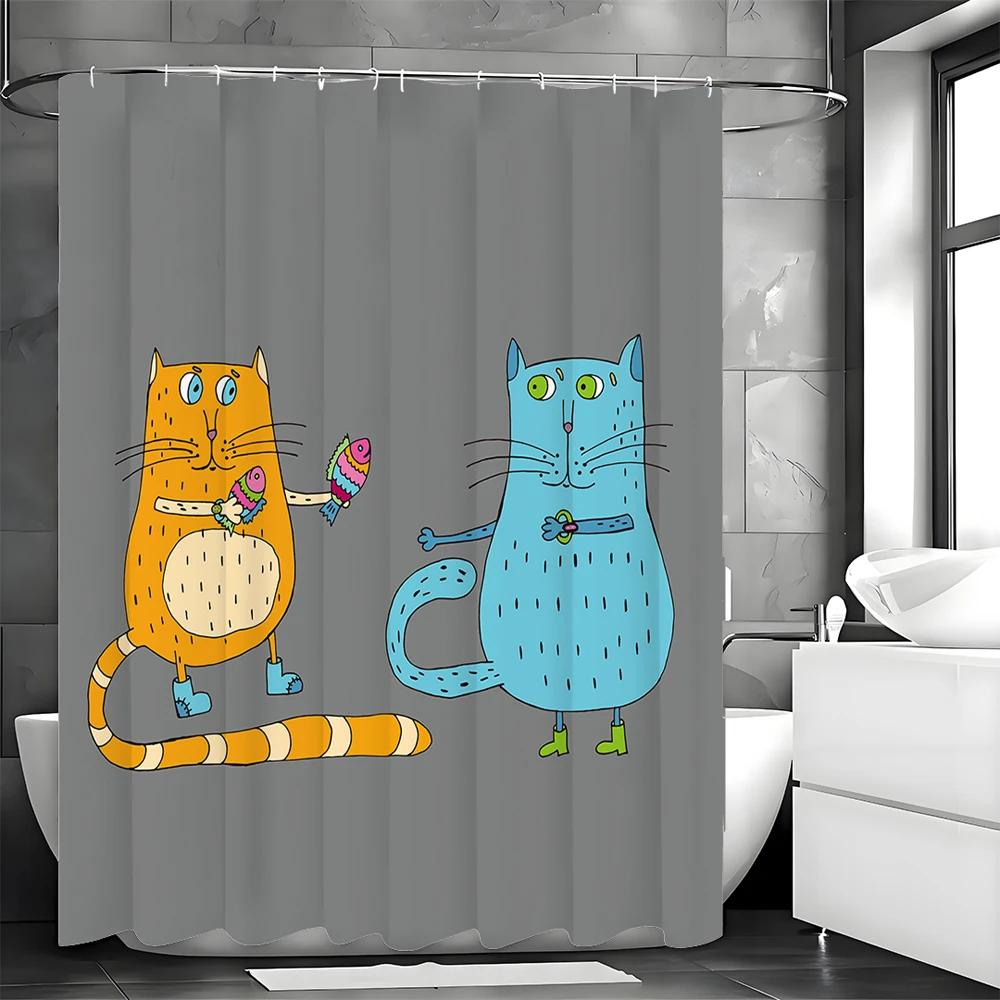 

Yellow And Blue Cartoon Cat Shower Curtain, Bathroom Decorative Shower Curtain, Waterproof Shower Curtain With Hooks W60H190(CM)-1 Pcs