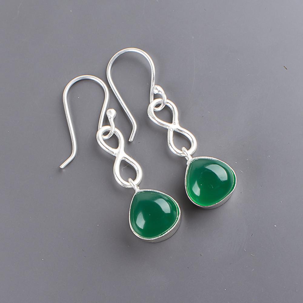 Natural Green Onyx Gemstone 925 Sterling Silver Handmade Drop/Dangle Earrings 1.60" Anniversary Gift For Mom/Wife EE-15-21