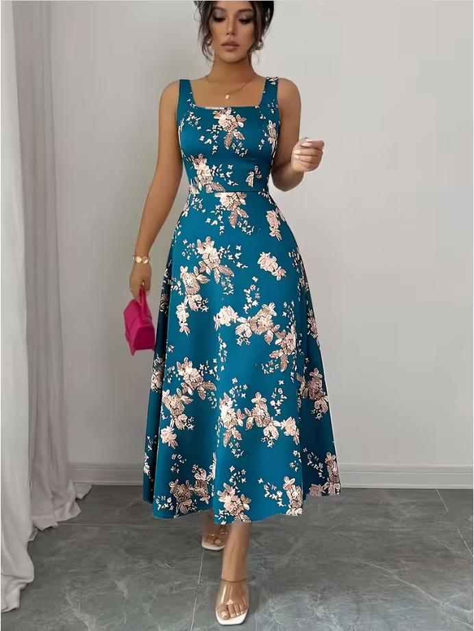 2026 Summer Floral Print Slim-Fit Spaghetti Strap Square Neck Dress