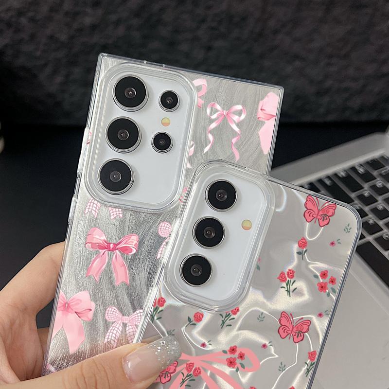 Case For Samsung Galaxy S25 S24 Ultra S23 S24 FE S22 Plus A55 A15 A16 A35 A25 A54 A56 5G Pink Bow Pattern Laser Hard Phone Cover