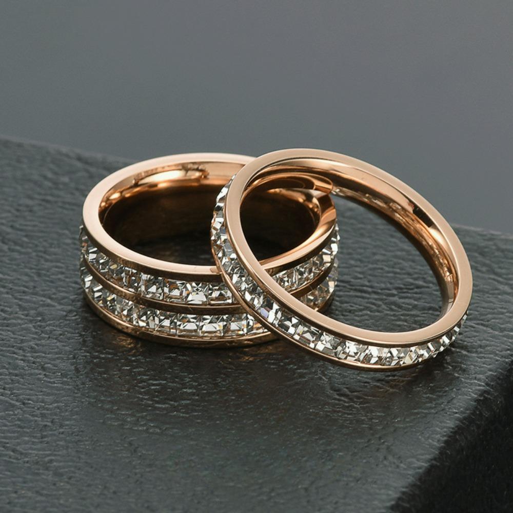 Gypsophila Stainless Steel Couple Ring Zircon Double Ring Set for Men Women Anniversary Gift