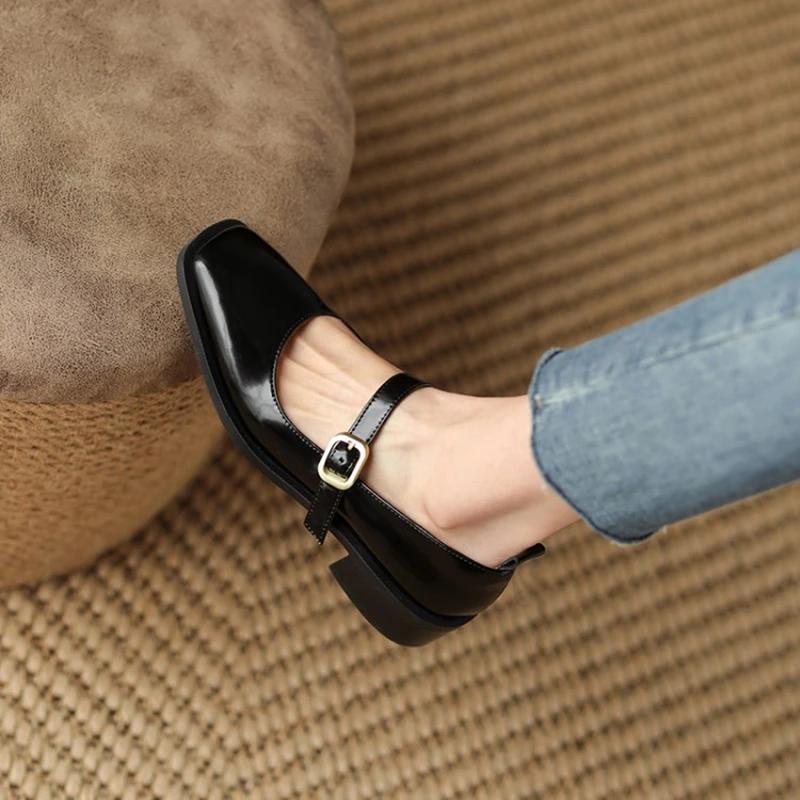 Fashion Spring/Autumn Women Shoes Square Toe Chunky Heel Shoes Patent Leather Mary Janes Low Heel Solid Pumps Women Concise Black Shoes