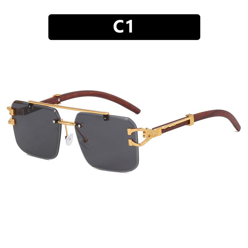 Double beam sunglasses frameless trimmed square sunglasses new European and American fashion leopard tide sunglasses wood grain