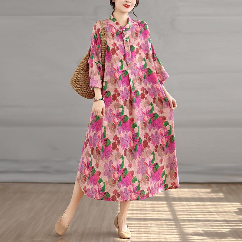 Artistic Print Stand Collar Long Sleeve Cotton Linen Dress, Plus Size, Women s Spring/Summer Collection One Size