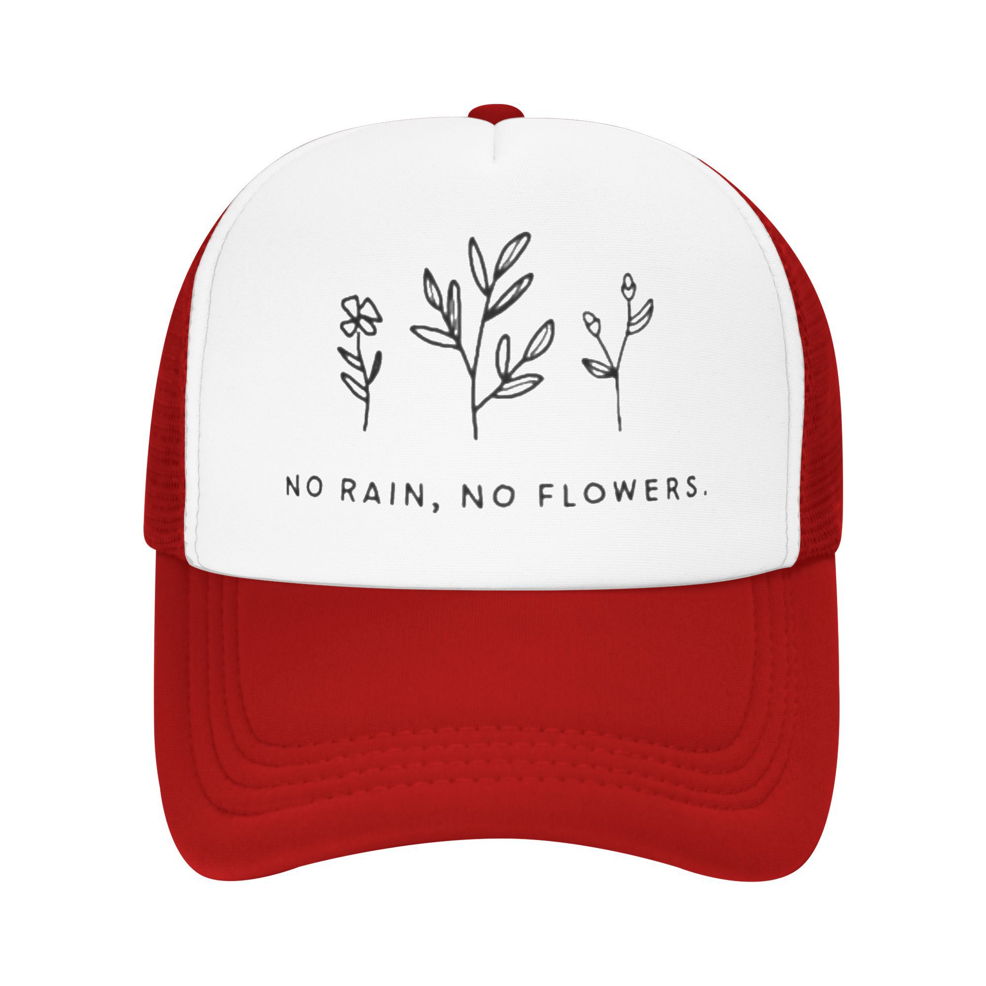 

No Rain No Flowers Graphic Trucker Hat Minimalist Floral Design Breathable Mesh Baseball Cap Unisex Casual Adjustable One Size